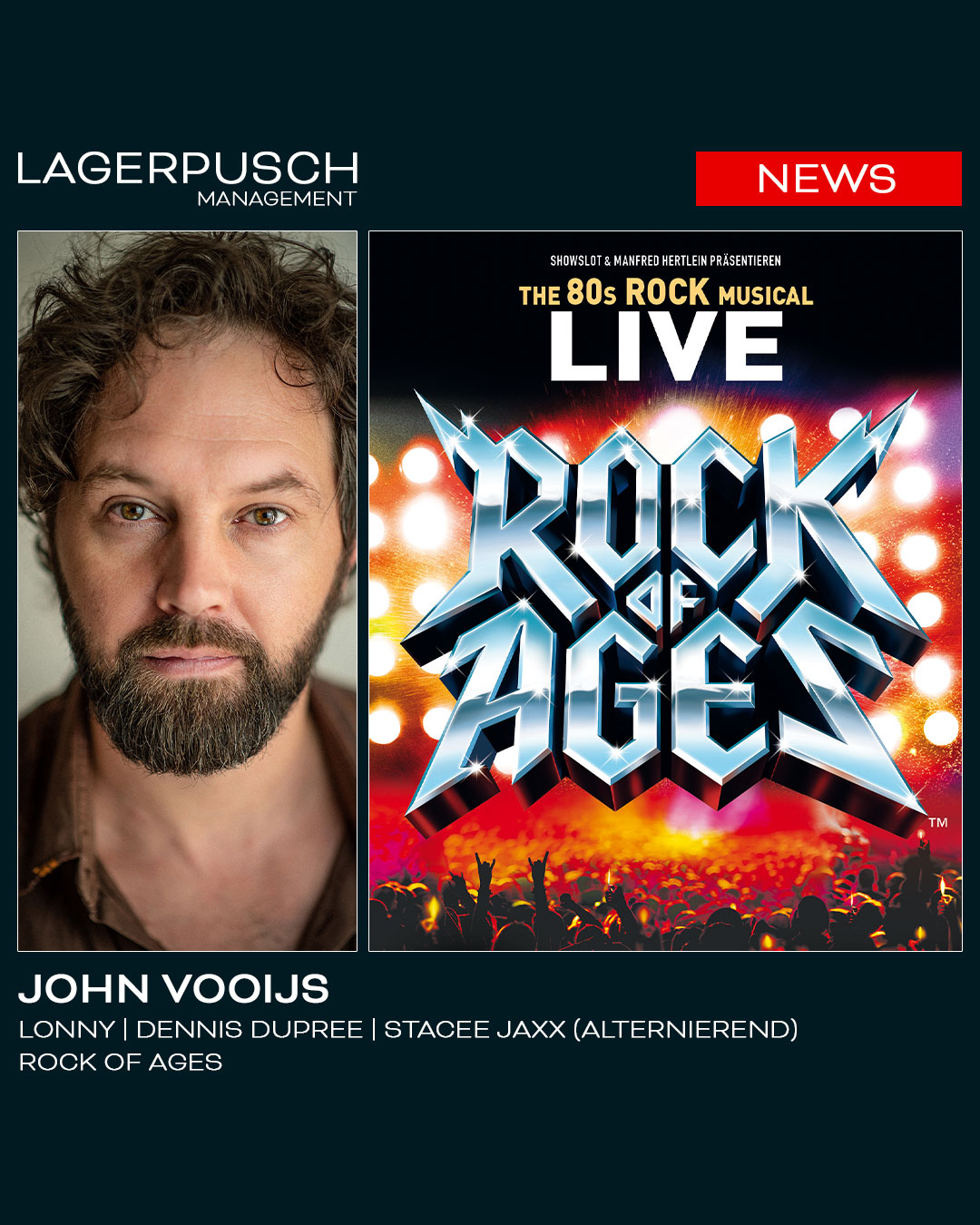 John Vooijs wird alternierender Lonny, Dennis und Stacee in „Rock of Ages“